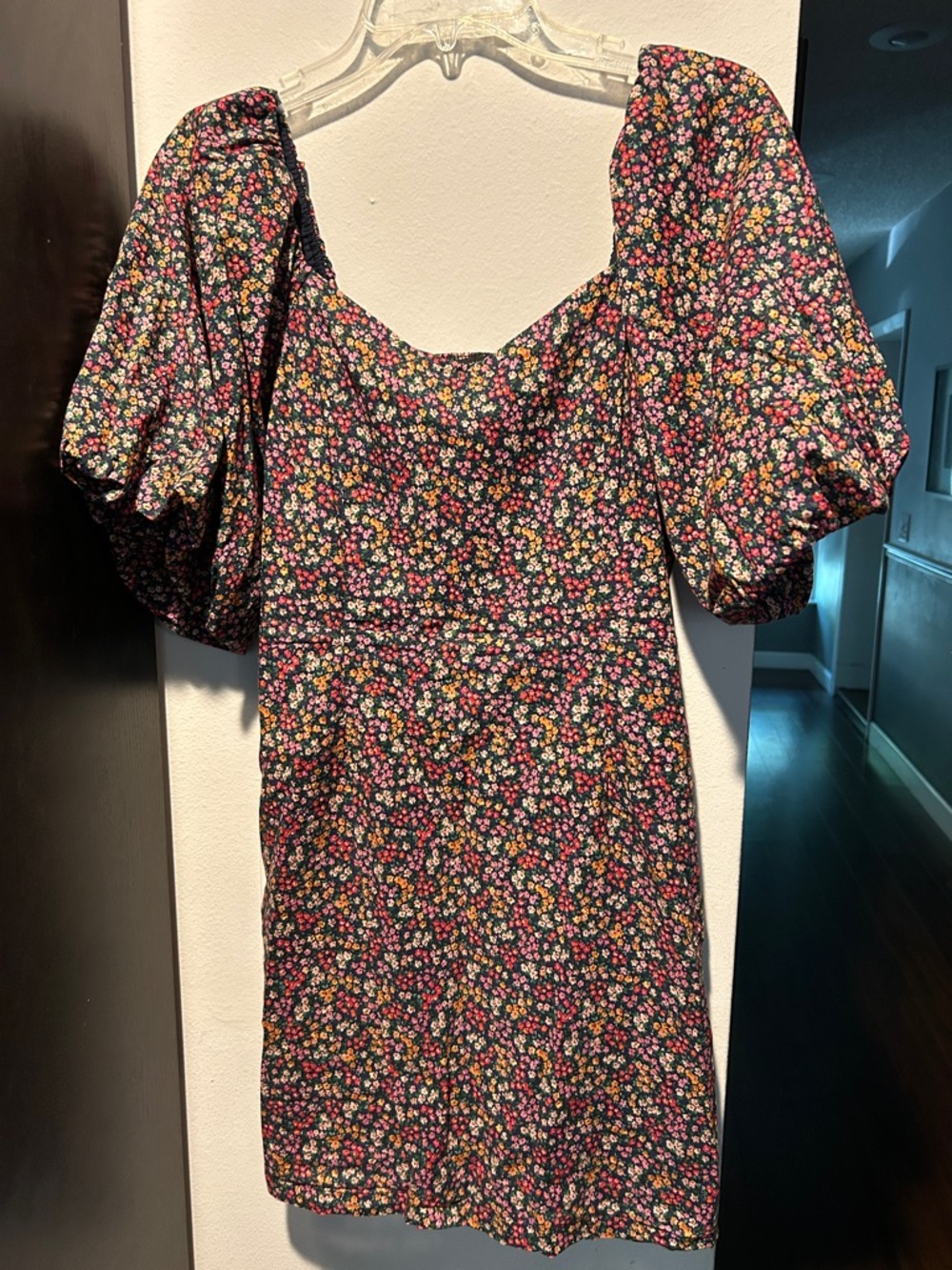 Juniors' Floral Puff-Sleeve Square Neck Dress - Navy Blue with Multi-Color flora